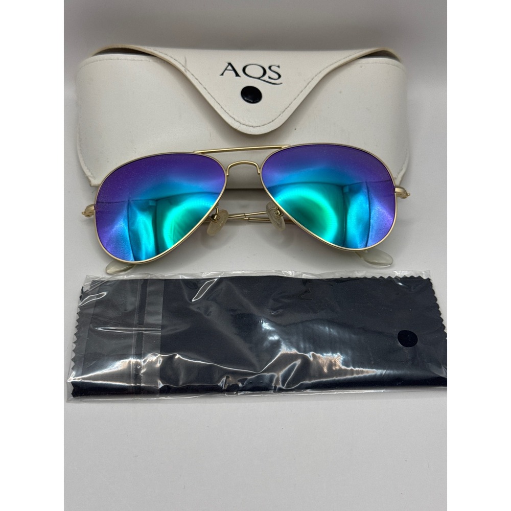 AQS Women Aviator Sunglasses Gold Purple Teal Mirrored Lens with Case & Cloth